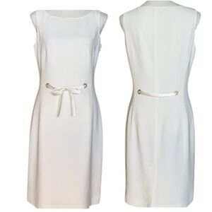 Vintage Casual Corner Ivory White Midi Sheath Dress Front & Back Satin Detail